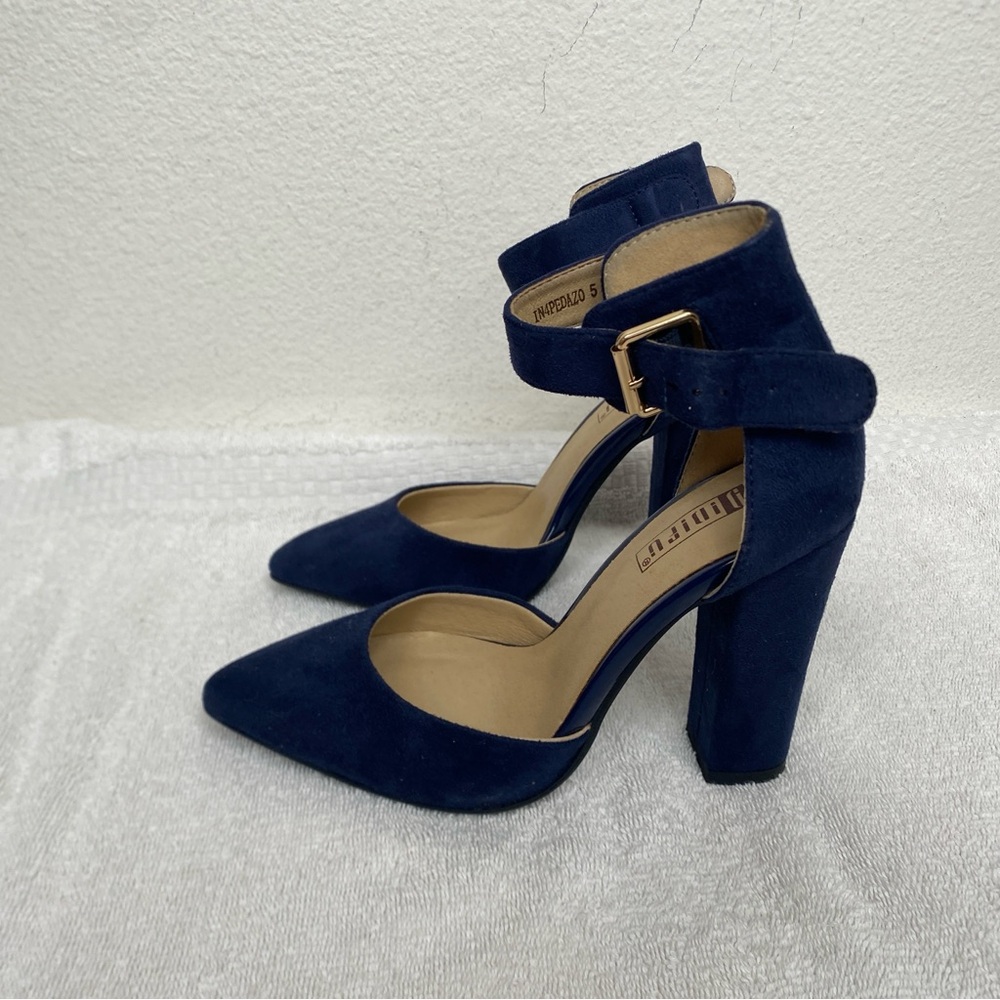 Didifu Women Navy Blue Faux Suede Pointy Ankle Strap Heels Size 5 Classic Preppy